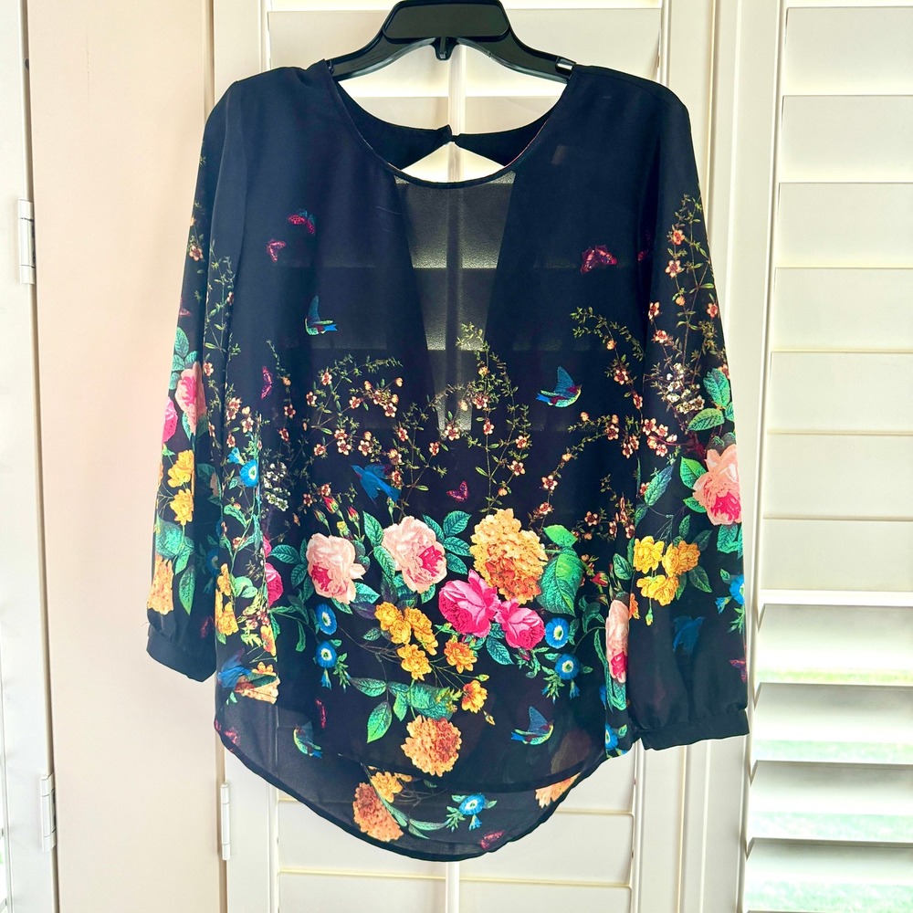 Meraki Floral Butterfly Birds Draped Open Back Blouse Black Large Cottage Whimsy